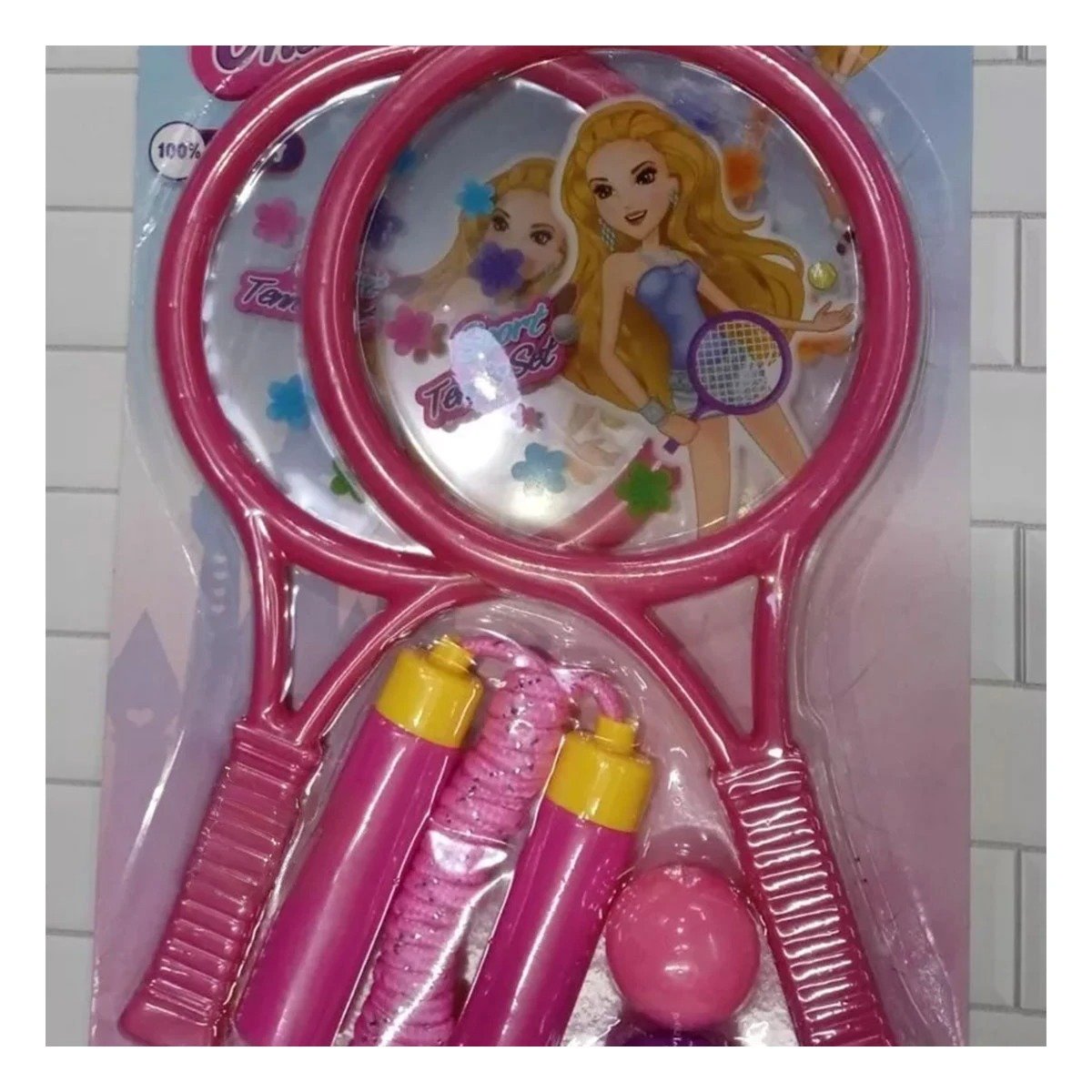 RAQUETAS Y DOS PELOTAS CON CUERDA ROSADO PARA DIVERSION INFANTIL - 3