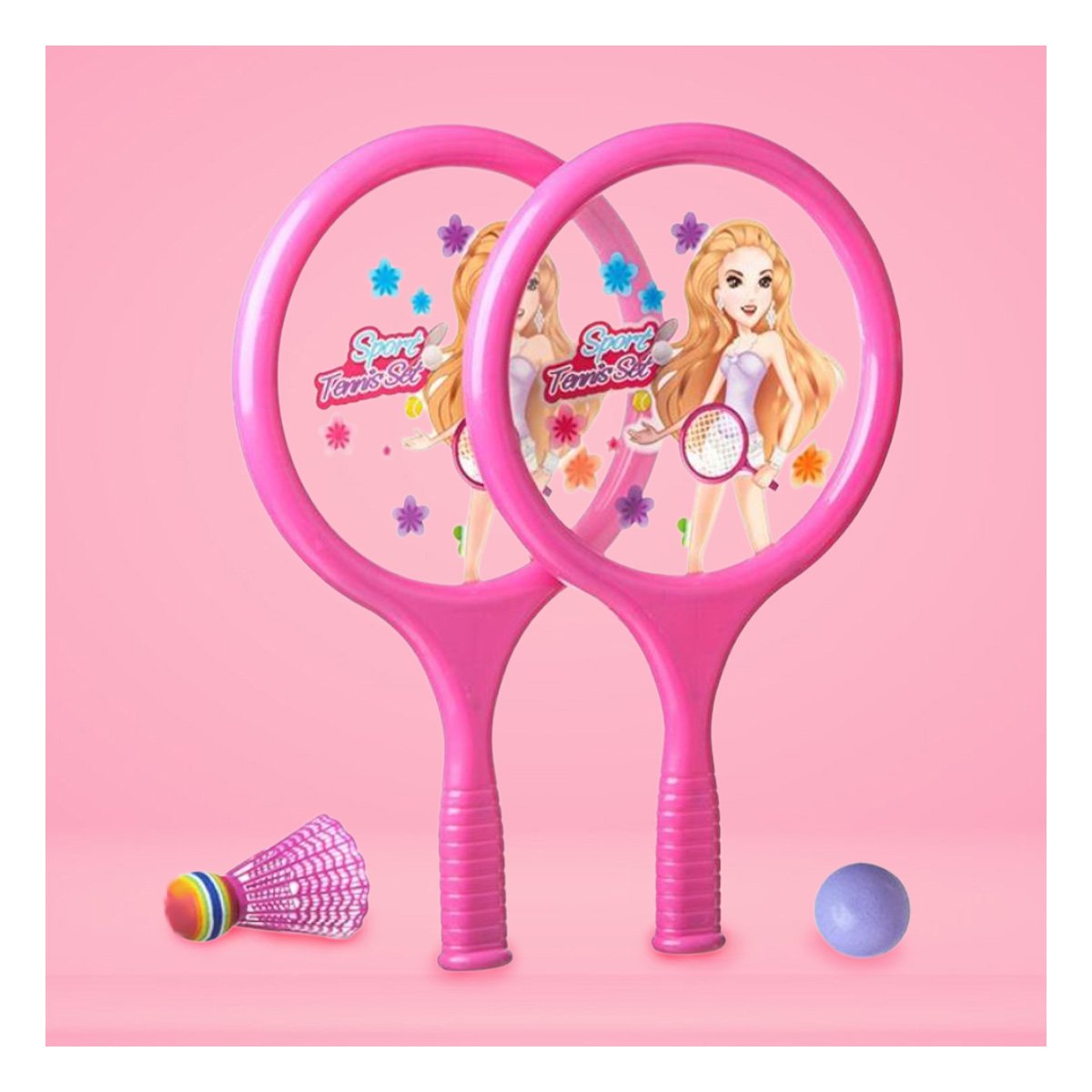 RAQUETAS Y DOS PELOTAS CON CUERDA ROSADO PARA DIVERSION INFANTIL - 5