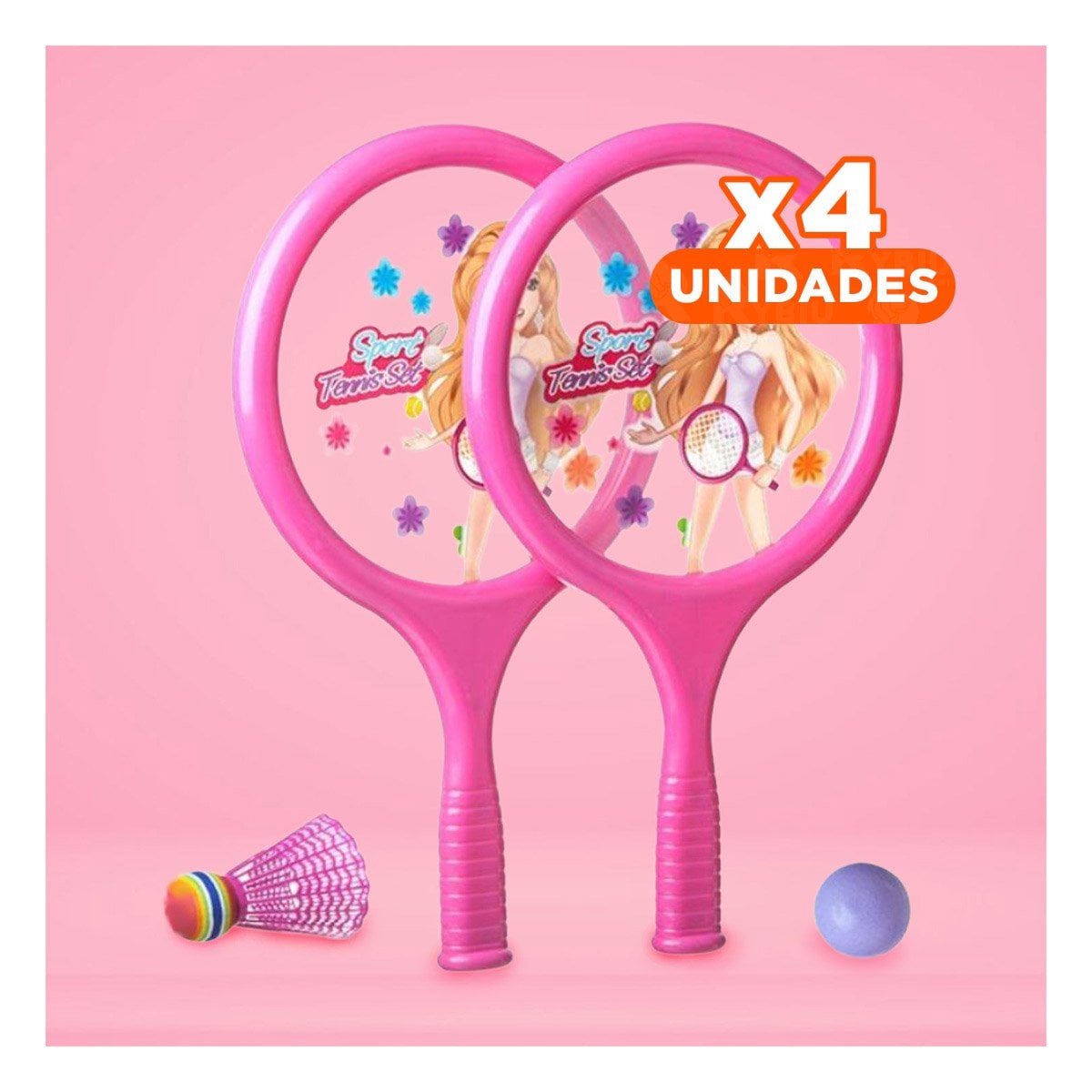 PACK4 COLECCION DE RAQUETAS Y DOS PELOTAS CON CUERDA ROSADO PARA JUEGO ACTIVO - 1