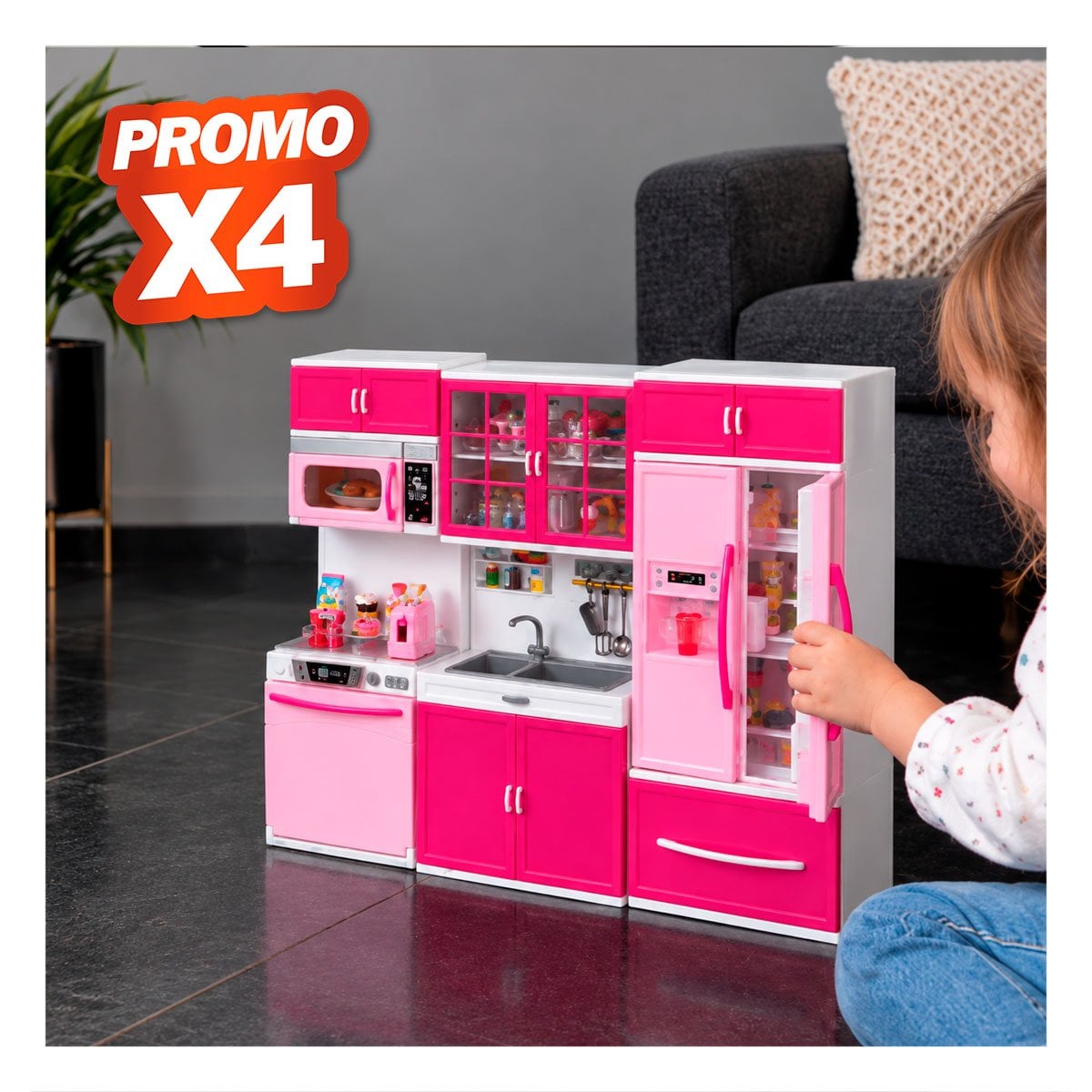PACK4 DIDACTICA Y MODERNA COCINA DE JUEGO CON LUZ Y SONIDO ROSADO PARA HOGAR - 1