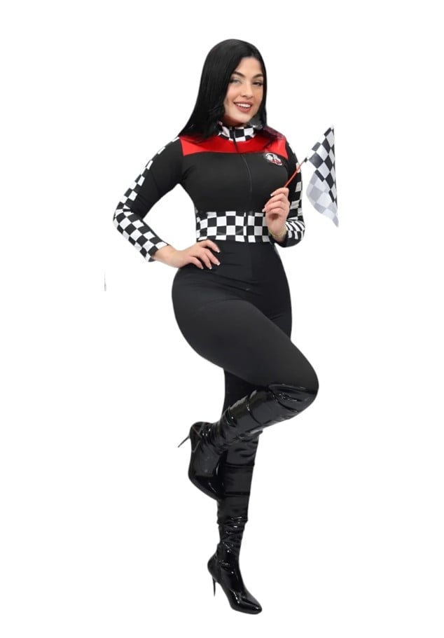 DISFRAZ HALLOWEEN FORMULA 1 CORREDORA ENTERIZO CIERRE BANDERITA SET - 1