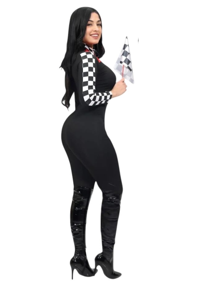 DISFRAZ HALLOWEEN FORMULA 1 CORREDORA ENTERIZO CIERRE BANDERITA SET - 2