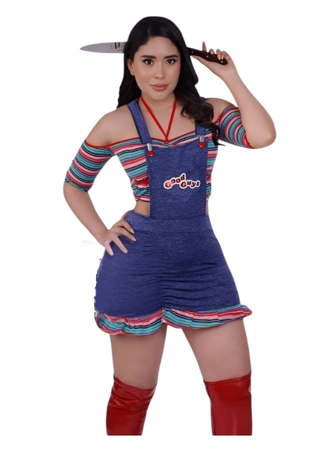 DISFRAZ CHUCKY HALLOWEEN DAMA TOP OVEROL CUCHILLO JUGUETE SET - 1