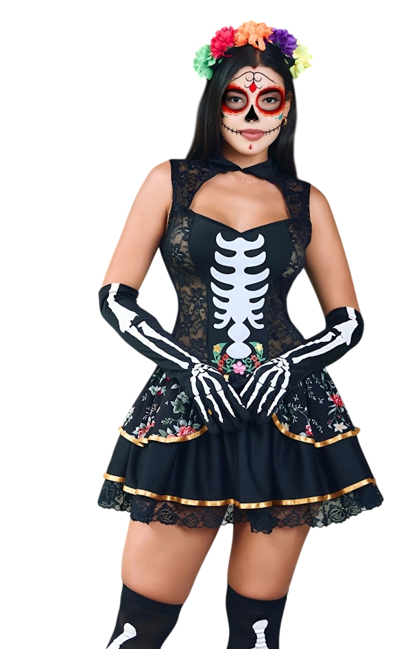 DISFRAZ DE CATRINA SEXY HALLOWEEN VESTIDO Y ACCESORIOS - 1