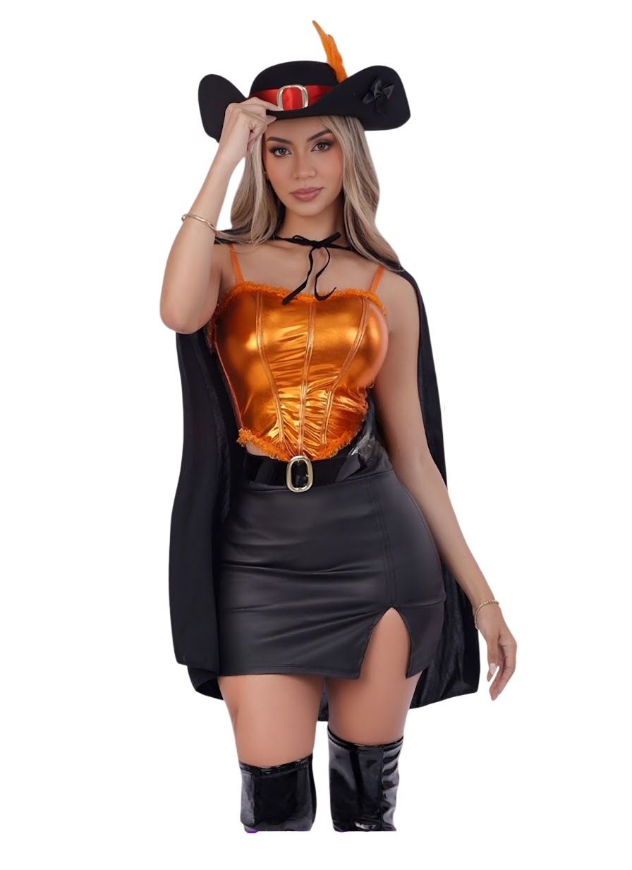 DISFRAZ GATO CON BOTAS SEXY HALLOWEEN CON CAPA SOMBRERO - 1