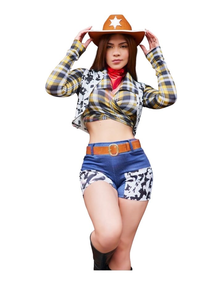 DISFRAZ VAQUERA SOMBRERO BLUSITA CHALEQUITO SHORT CORREA SET - 1