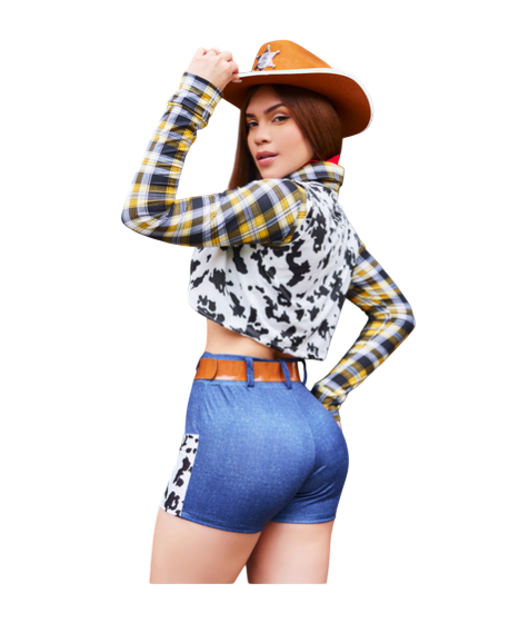 DISFRAZ VAQUERA SOMBRERO BLUSITA CHALEQUITO SHORT CORREA SET - 2