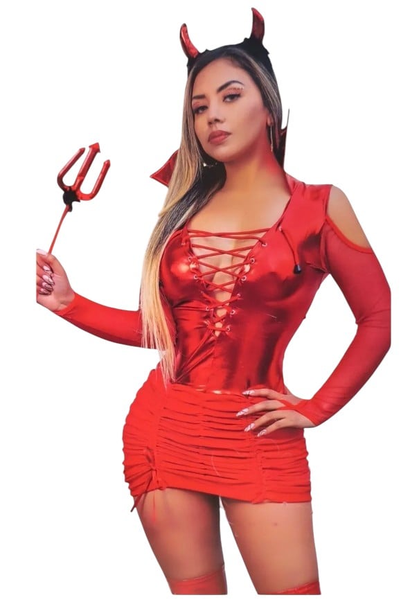 DISFRAZ DE DIABLITA SEXY HALLOWEEN VESTIDO Y ACCESORIO - 1