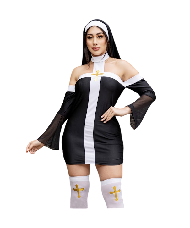 DISFRAZ HALLOWEEN MONJA SEXY VESTIDO MANGAS HOLGADAS Y MEDIAS SET - 1