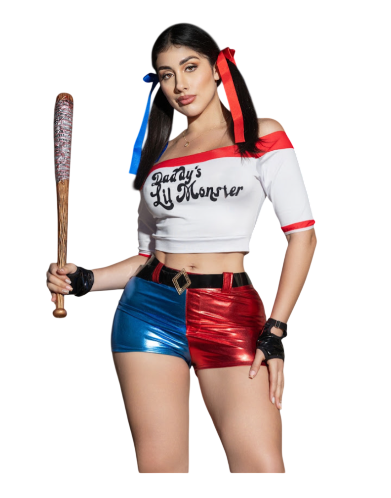 DISFRAZ HARLEY QUINN HALLOWEEN  TOP SHORT CON CORREA GUANTES BAT SET - 1