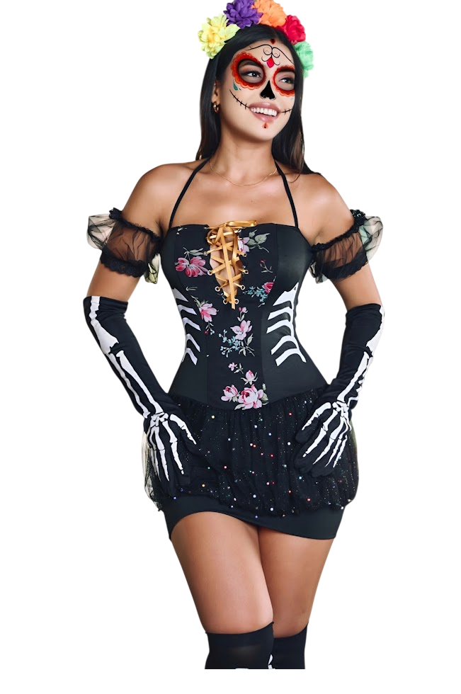 DISFRAZ DE CATRINA SEXY HALLOWEEN VESTIDO Y ACCESORIOS - 1