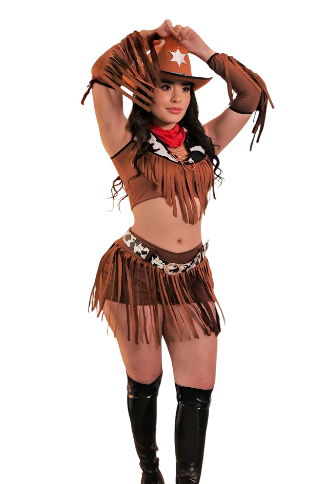 DISFRAZ VAQUERA HALLOWEEN SOMBRERO PANUELO TOP SHORT FLECOS - 1
