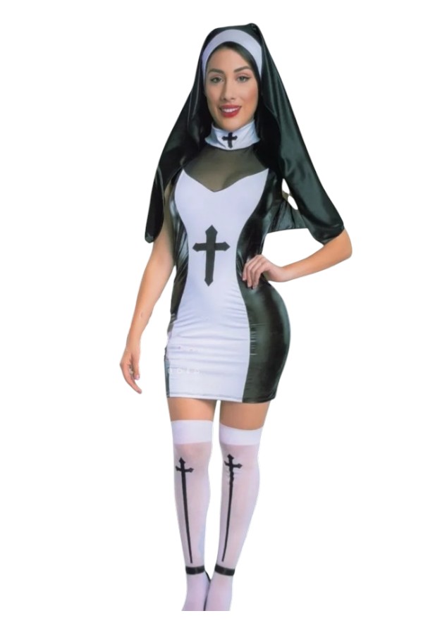 DISFRAZ MONJA SEXY HALLOWEEN VESTIDO LATEX CON MEDIAS - 1