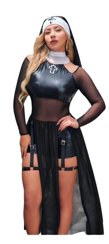 DISFRAZ MONJA HALLOWEEN ENTERIZO SHORT LIGUERO VELO SET SEXY - 1