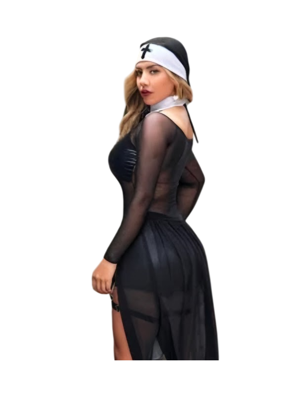 DISFRAZ MONJA HALLOWEEN ENTERIZO SHORT LIGUERO VELO SET SEXY - 2