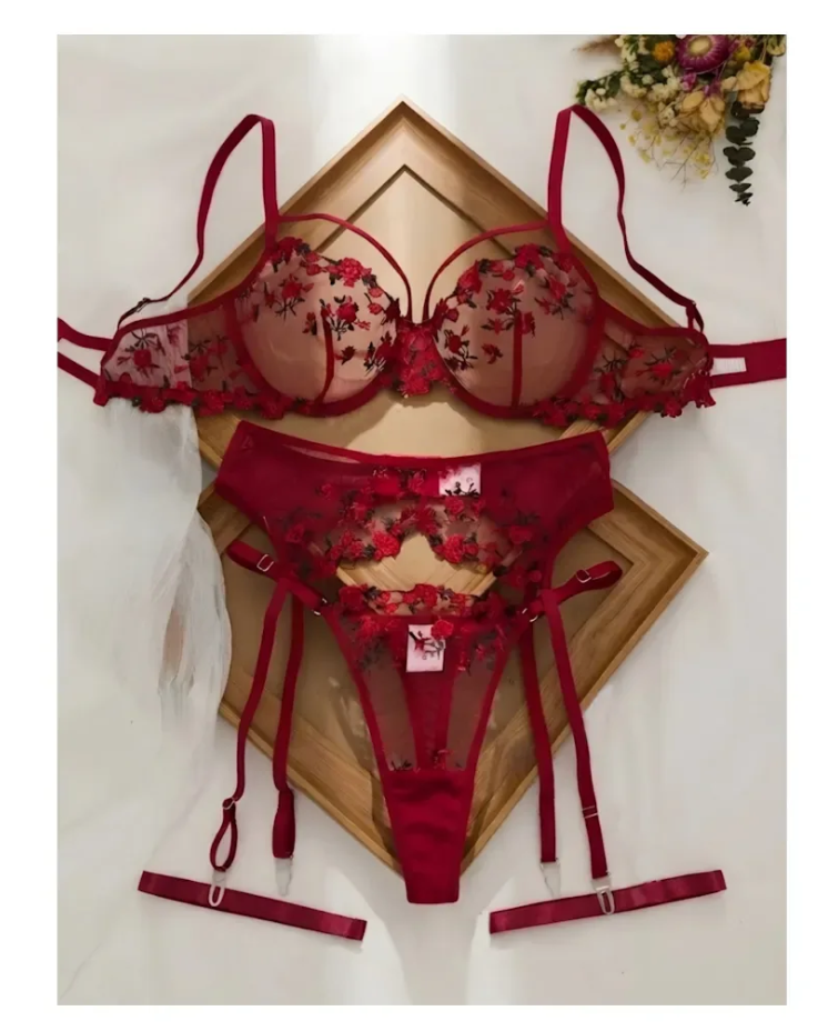 LENCERIA SEXY CONJUNTO PORTALIGAS BORDADO CON LIGUEROS BRASIER - 1