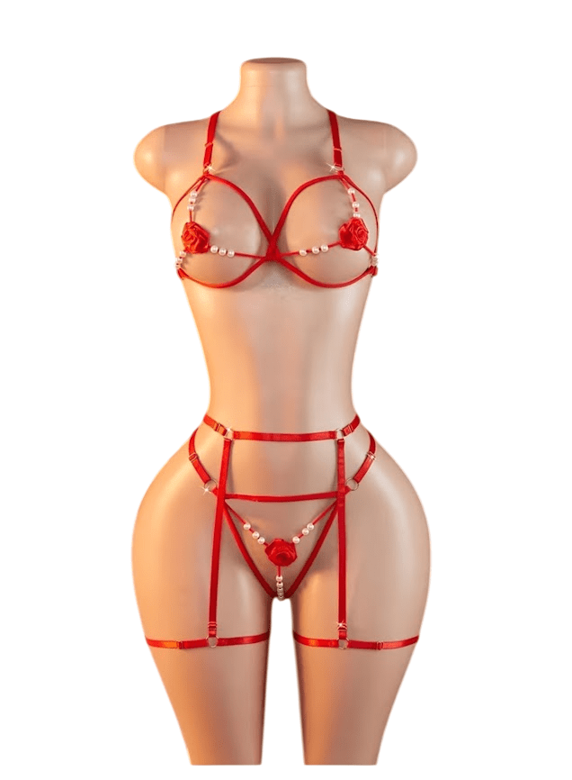 LENCERIA SEXY CONJUNTO PORTALIGAS SIEMPRE LISTA CON PERLAS Y LIGUEROS - 1