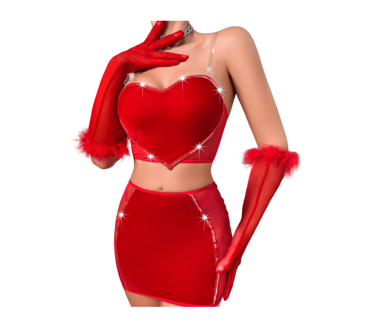 LENCERIA CONJUNTO SEXY DE TERCIOPELO MINIFALDA CON GUANTES - 1