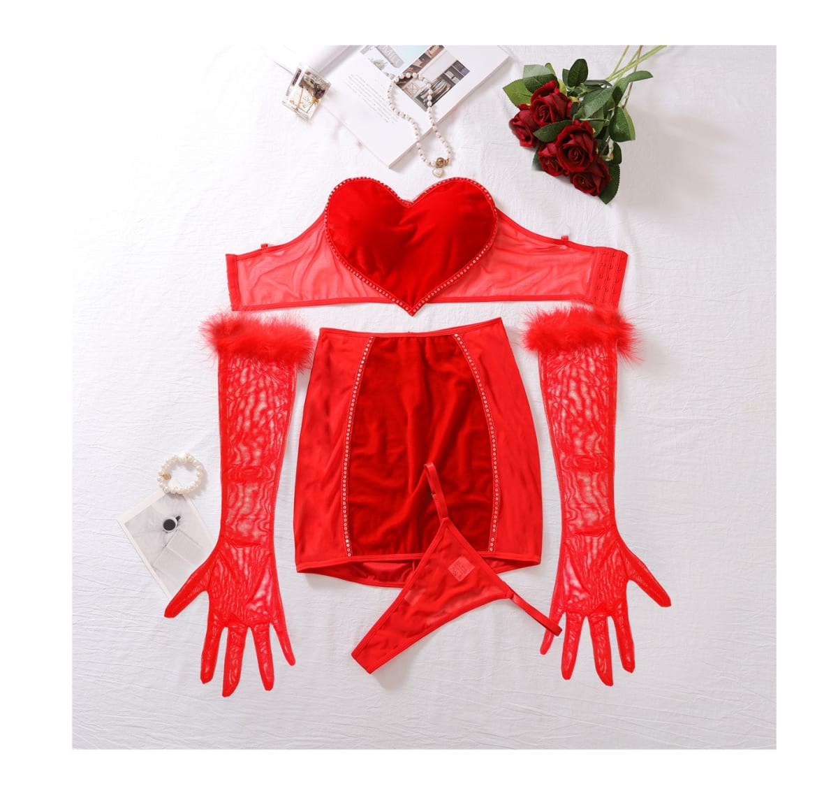 LENCERIA CONJUNTO SEXY DE TERCIOPELO MINIFALDA CON GUANTES - 3