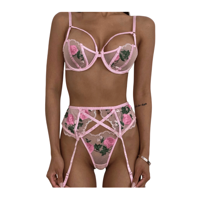 LENCERIA SEXY CONJUNTO PORTALIGAS CON MEDIAS BRASIER E HILO - 1
