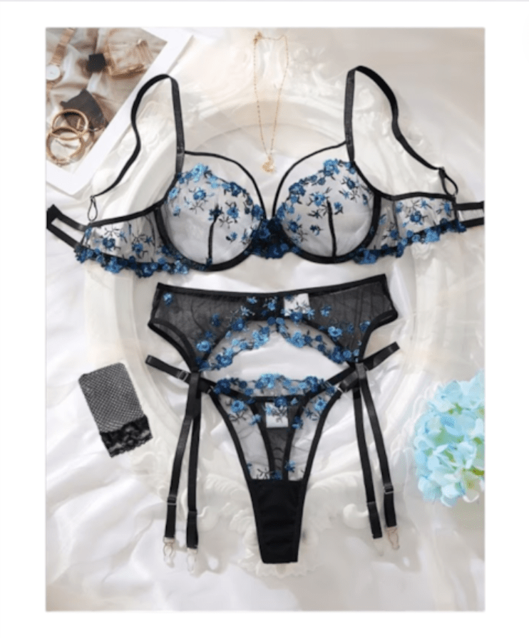 LENCERIA SEXY CONJUNTO PORTALIGAS CON SEMI HILO Y MEDIAS MALLA - 2