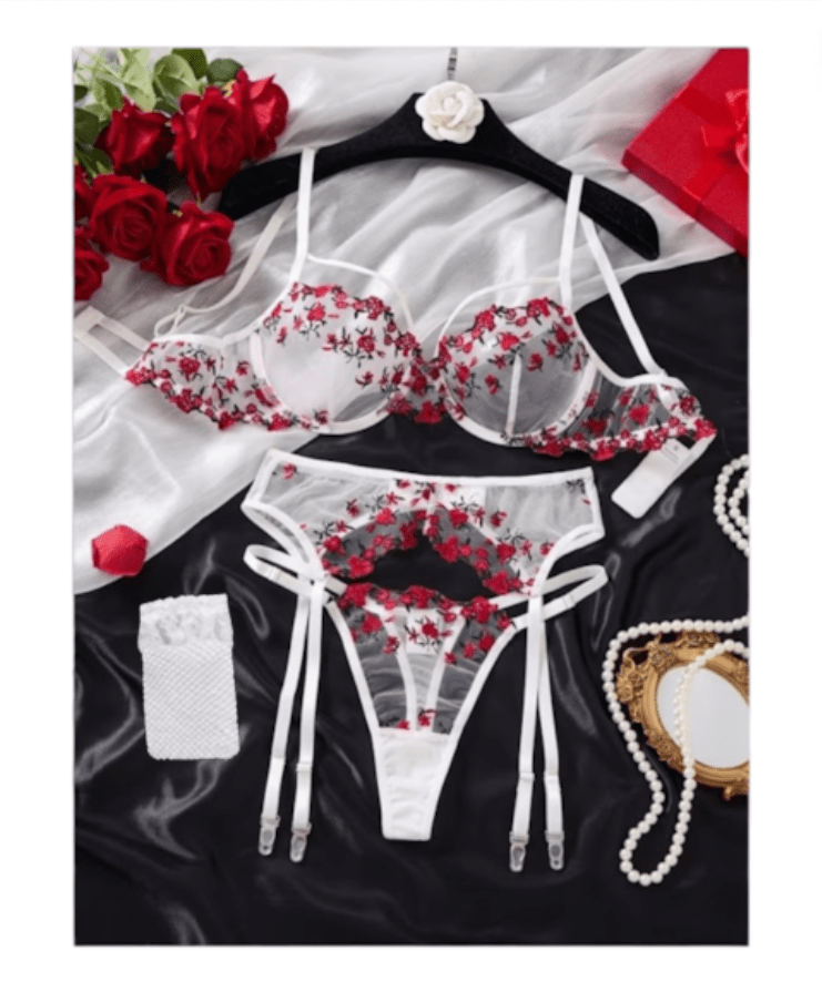 LENCERIA SEXY CONJUNTO PORTALIGAS CON SEMI HILO Y MEDIAS MALLA - 3