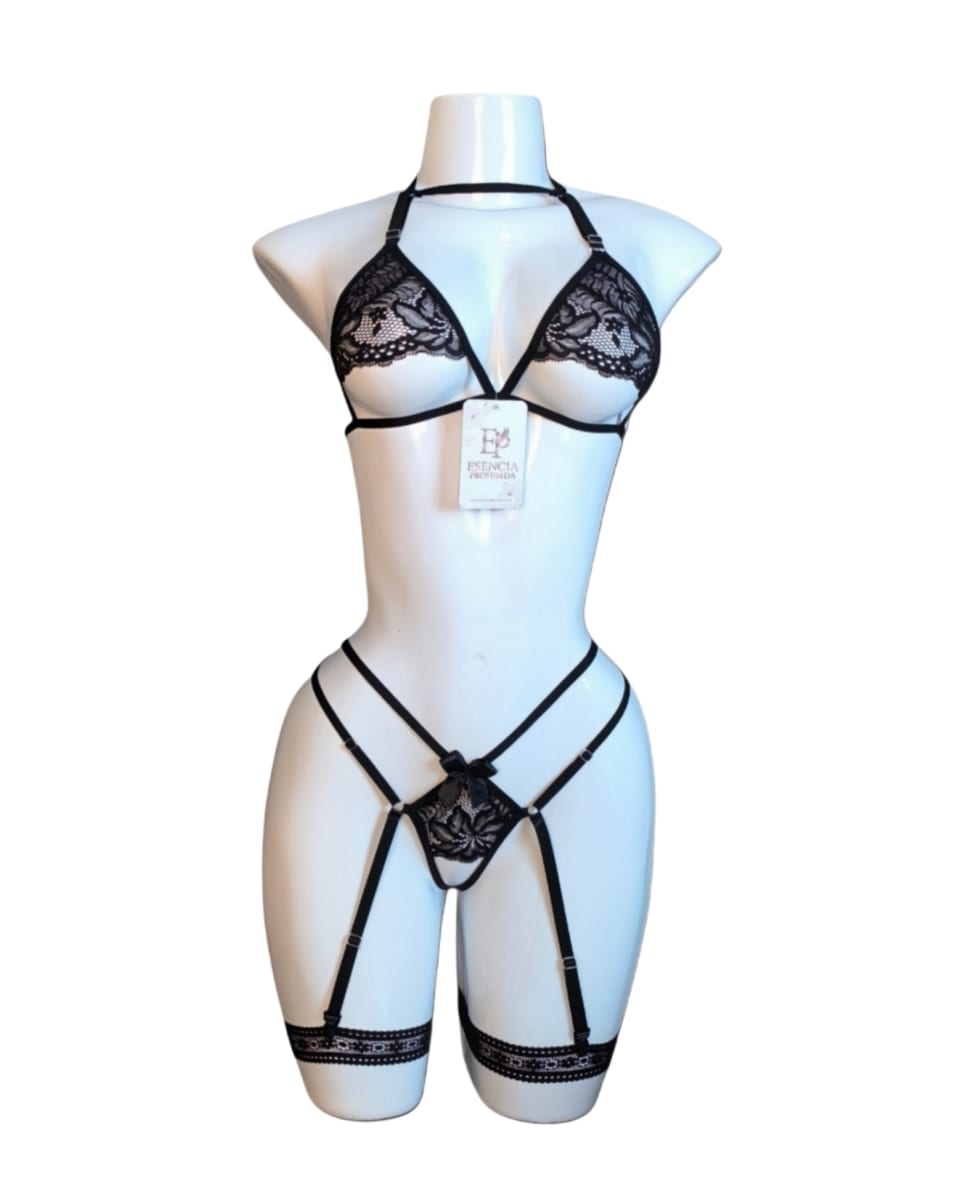LENCERIA SEXY DE ENCAJE CONJUNTO PORTALIGAS SIEMPRE LISTA CON LIGUEROS - 1