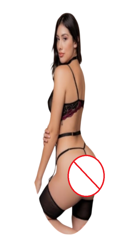 LENCERIA DE ENCAJE SEXY CONJUNTO PORTALIGAS CON LIGUEROS Y DETALLES DE CADENAS - 3