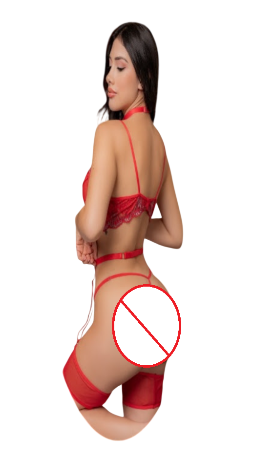 LENCERIA DE ENCAJE SEXY CONJUNTO PORTALIGAS CON LIGUEROS Y DETALLES DE CADENAS - 4