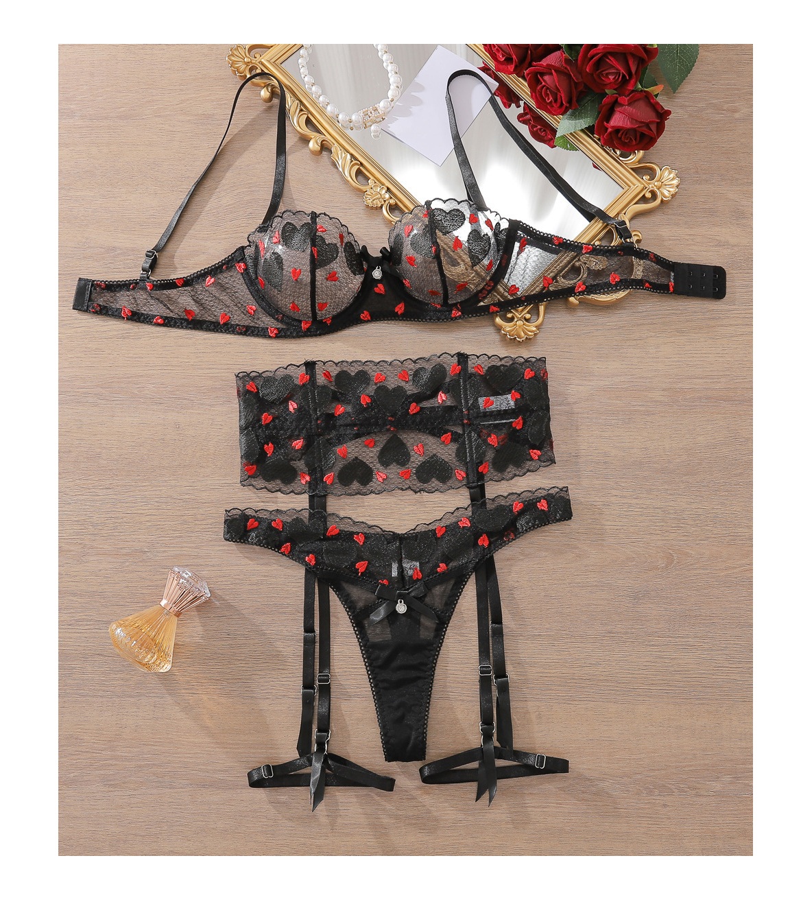 LENCERIA SEXY CONJUNTO PORTALIGAS CON LIGUEROS DE TUL BORDADO - 2