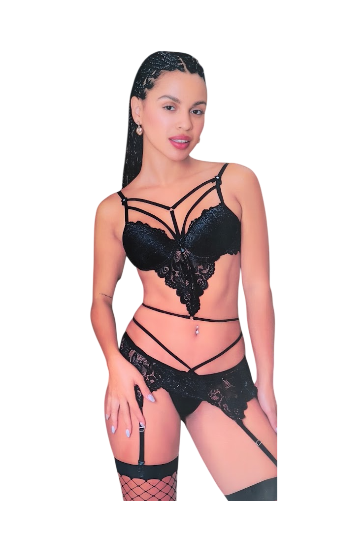 LENCERIA SEXY CONJUNTO DE ENCAJE PORTALIGAS CON MEDIAS MALLA E HILO - 1