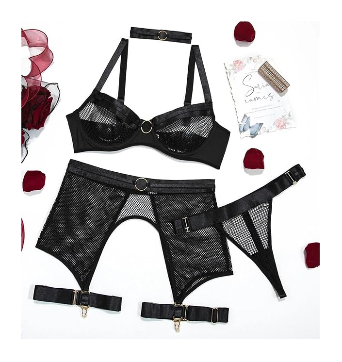 LENCERIA SEXY CONJUNTO PORTALIGAS DE MALLA CON LIGUEROS Y GARGANTILLA - 2