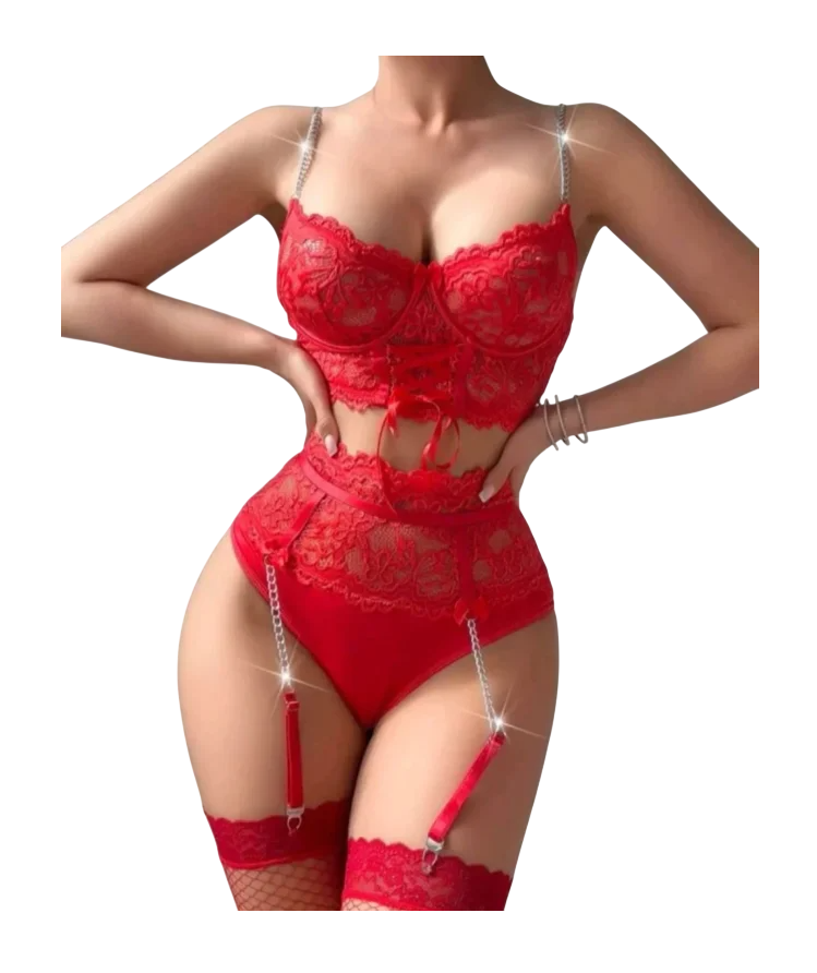 LENCERIA SEXY DE ENCAJE SET PORTALIGAS ESTILO CORSET CON MEDIAS MALLA - 1