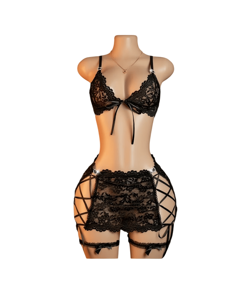 LENCERIA SEXY DE ENCAJE CONJUNTO FALDITA CON BRALET Y LIGUEROS - 1