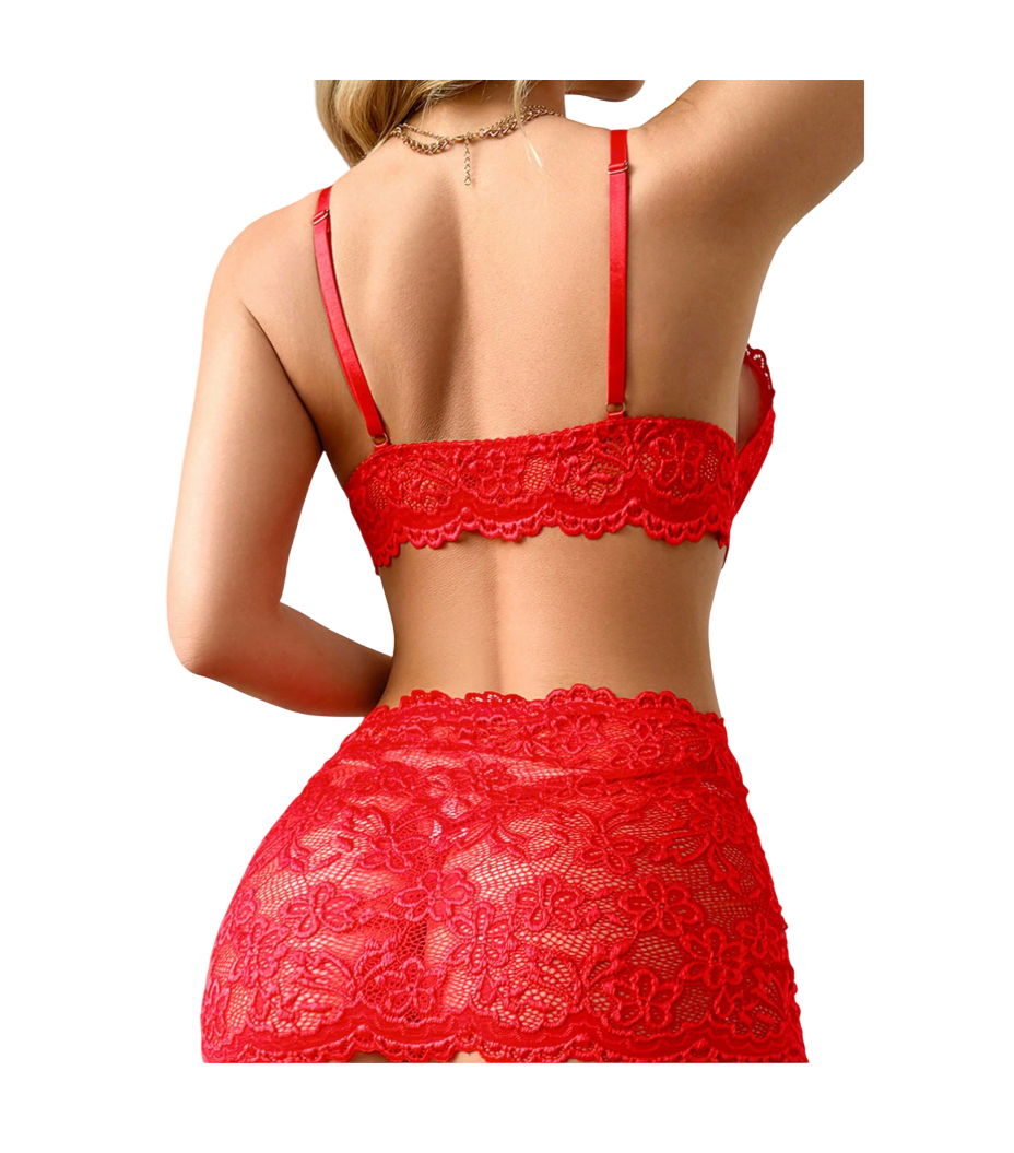 LENCERIA SEXY DE ENCAJE CONJUNTO CON LIGUEROS Y FALDITA - 4