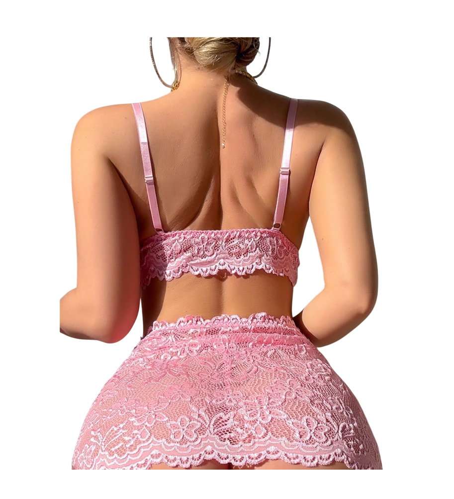 LENCERIA SEXY DE ENCAJE CONJUNTO CON LIGUEROS Y FALDITA - 6