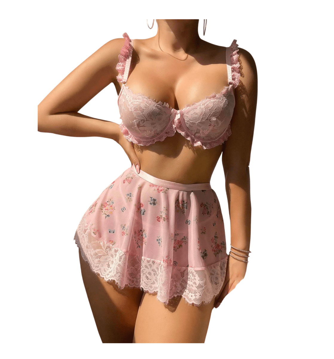 LENCERIA SEXY DE ENCAJE CON MINI FALDA Y BRASIER - 1