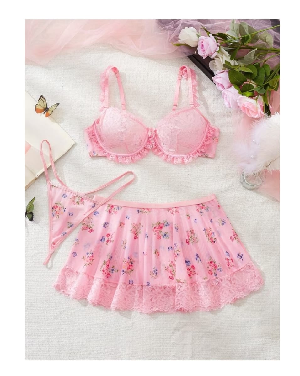 LENCERIA SEXY DE ENCAJE CON MINI FALDA Y BRASIER - 3