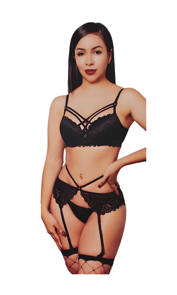 LENCERIA DE ENCAJE SEXY PORTALIGAS CON BRASIER Y MEDIAS MALLA - 1