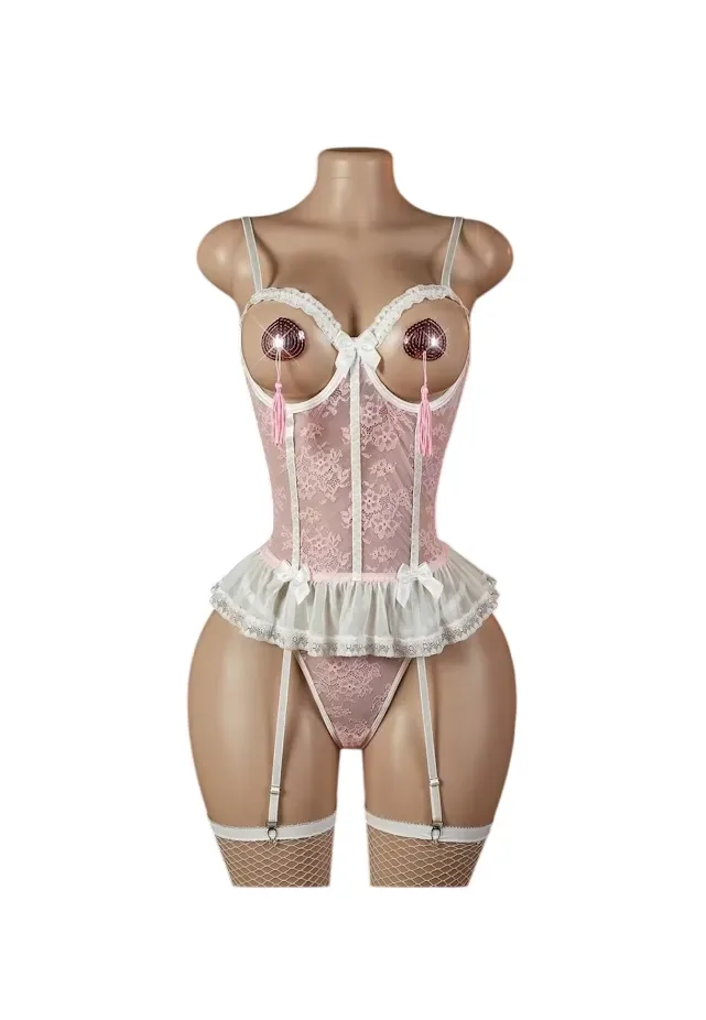 BABYDOLL LENCERIA SEXY DE ENCAJE SIEMPRE LISTA CON PEZONERAS PORTALIGAS Y MEDIAS MALLA - 1