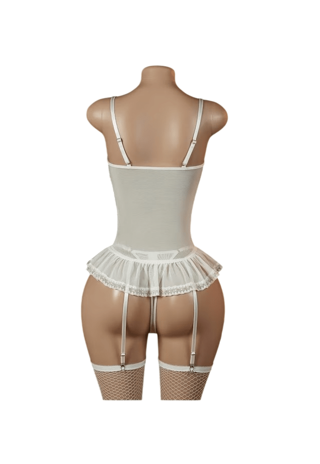 BABYDOLL LENCERIA SEXY DE ENCAJE SIEMPRE LISTA CON PEZONERAS PORTALIGAS Y MEDIAS MALLA - 2