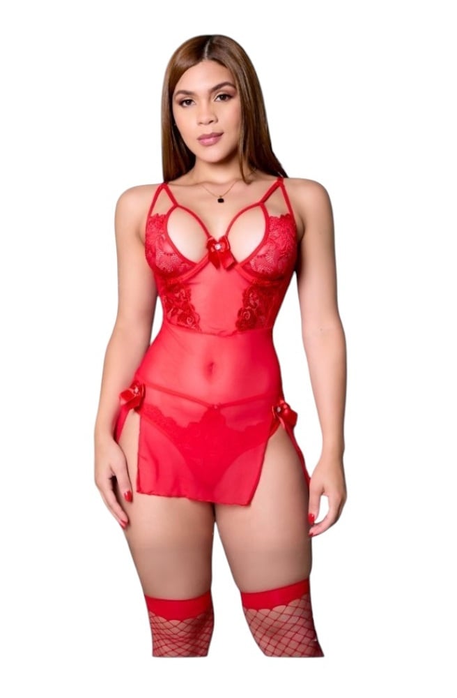 BABYDOLL DE ENCAJE LENCERIA SEXY CON HILO Y MEDIAS - 1