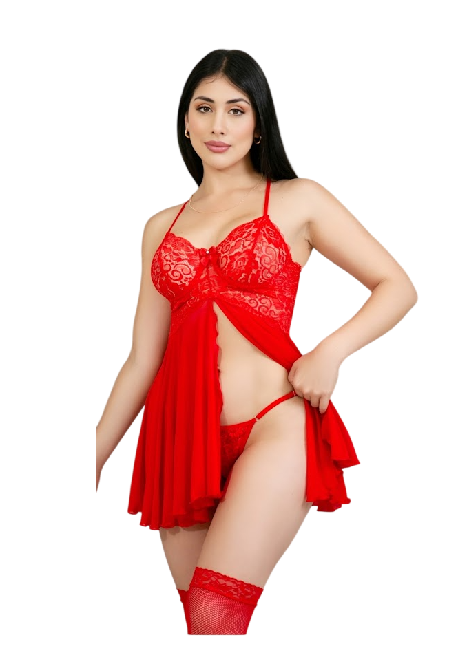 BABYDOLL DE ENCAJE LENCERIA SEXY HILO Y MEDIAS MALLA - 1