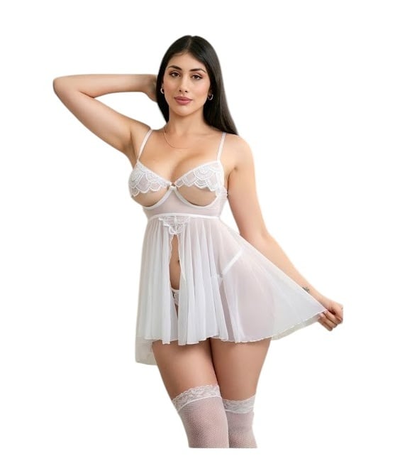 BABYDOLL LENCERIA SEXY DE ENCAJE SIEMPRE LISTA CON HILO Y MEDIAS MALLA - 1