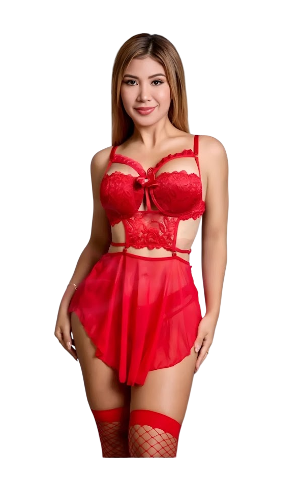 BABYDOLL LENCERIA SEXY DE ENCAJE CON MEDIAS MALLA - 1