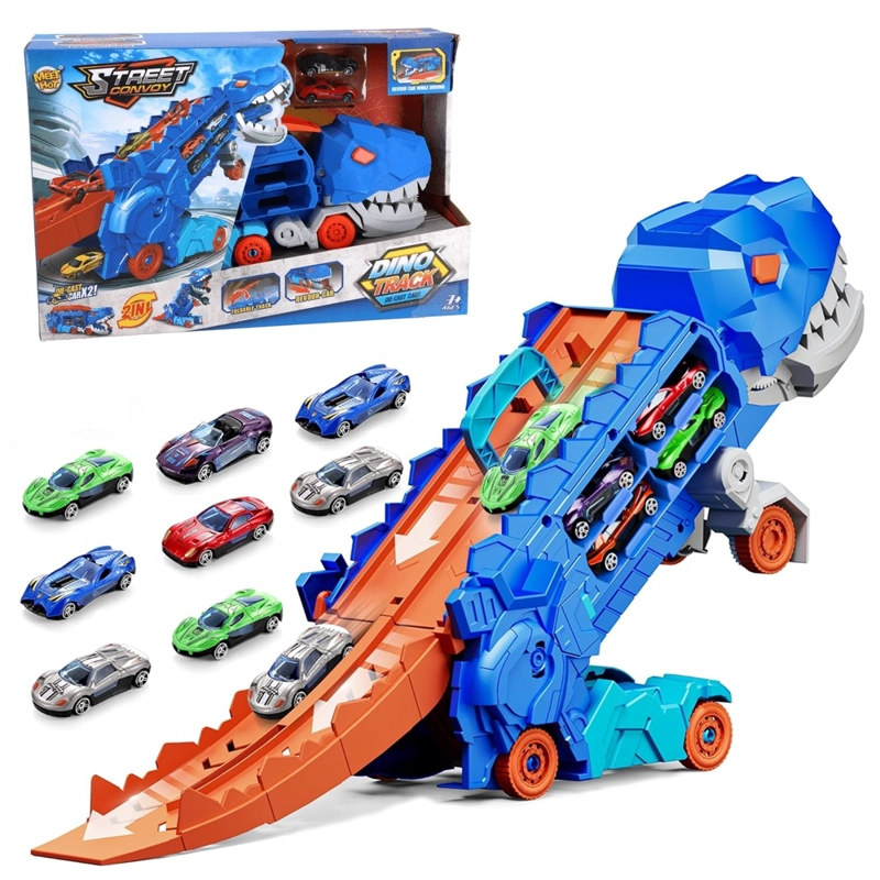 PISTA REMOLQUE TRANSPORTADOR DINOSAURIO T-REX AZUL COME AUTOS - 1