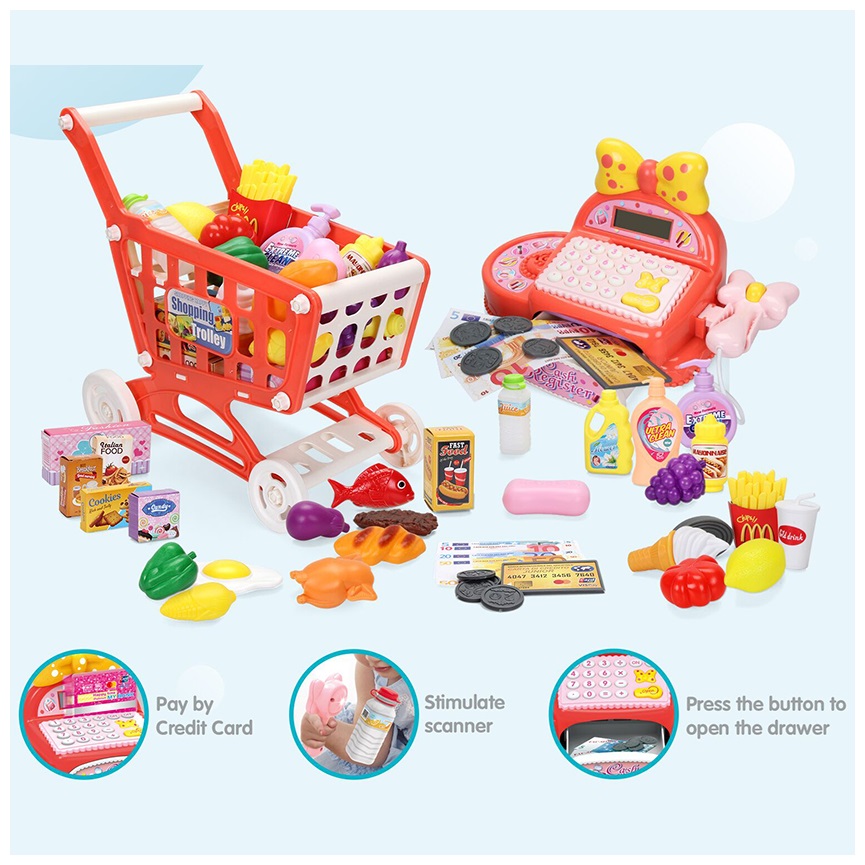 SET CAJA REGISTRADORA CON CARRITO DE COMPRAS +30 ACCESORIOS - 8
