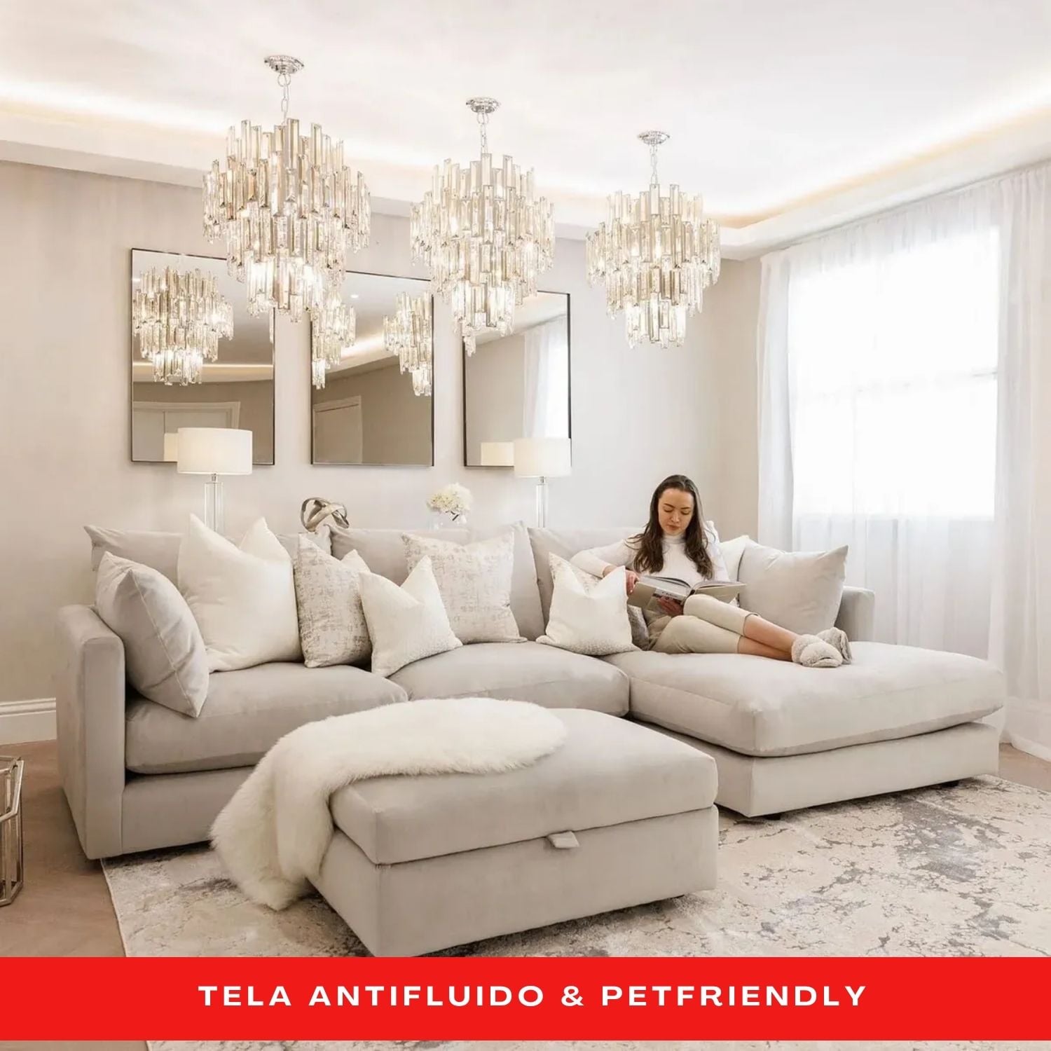SECCIONAL LISBOA EN L AMOBLAMOS 240 X 160 CM EN CHENILLE ANTIFLUIDO CON BANQUETA BAÚL + 6 COJINES DECORATIVOS - 1