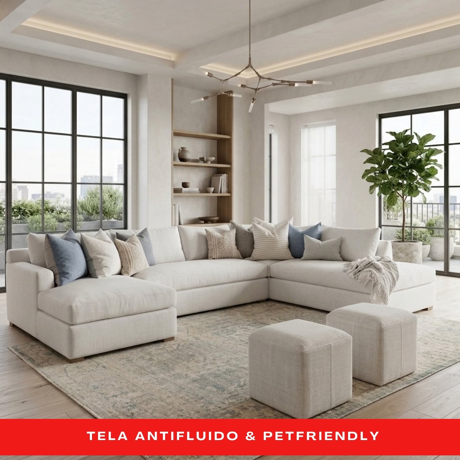 MUEBLE MODULAR EN C AMOBLAMOS EN TELA ANTIFLUIDO CON 2 PUFF Y 6 COJINES DECORATIVOS - 1
