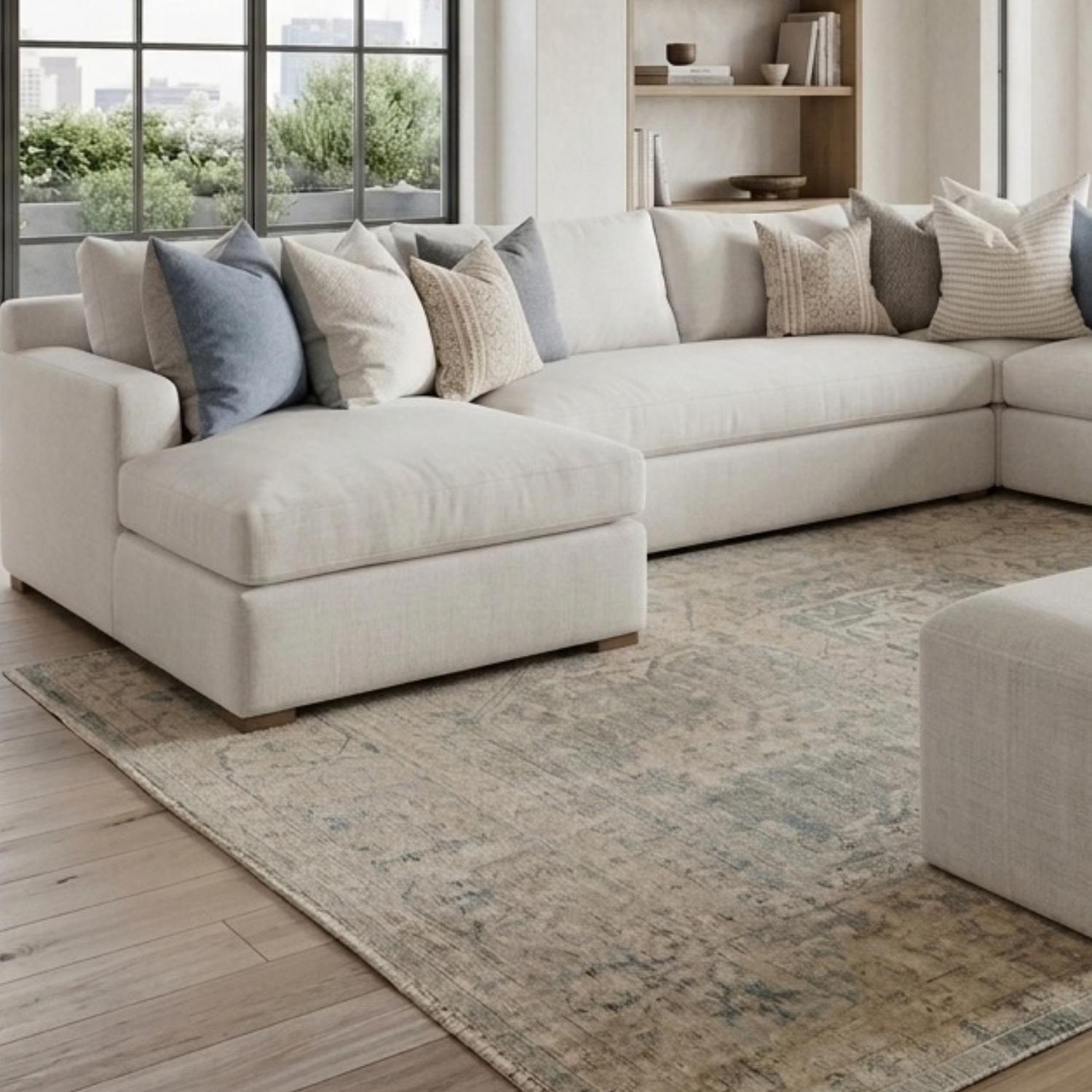 MUEBLE MODULAR EN C AMOBLAMOS EN TELA ANTIFLUIDO CON 2 PUFF Y 6 COJINES DECORATIVOS - 3
